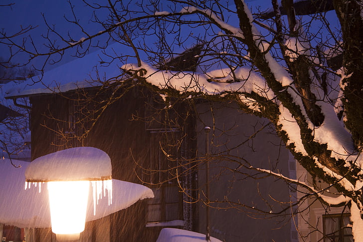 evening, abendstimmung, lamp, street lamp, winter, snow, new zealand