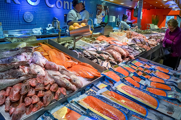 fiskmarknad, fisk, marknaden, mat, fisk och skaldjur, färsk, friska