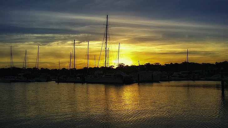 solnedgång, landskap, Ocean, Cronulla, Australien, hamnen, båtar