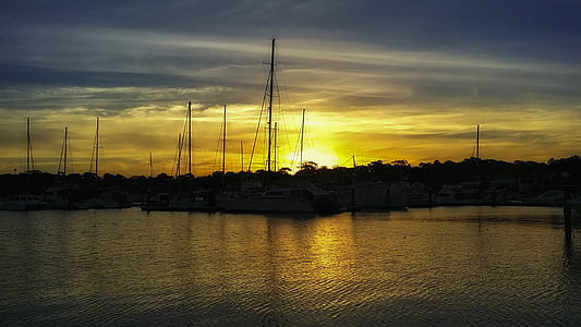solnedgang, landskapet, hav, Cronulla, Australia, havn, båter