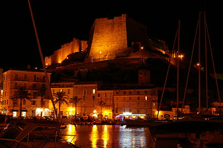 Corsicaanse, blauwdruk, nacht, avond, verlichting, stad, lichtreflecties