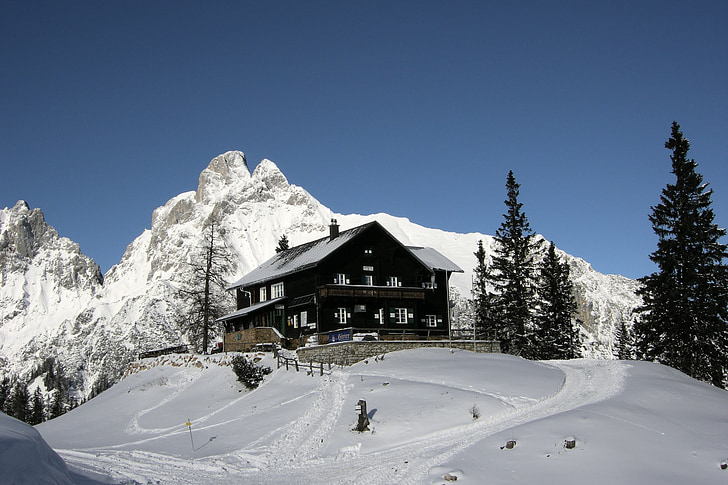 alpine, mountains, refuge, winter, mountain hut, hiking tour, snow
