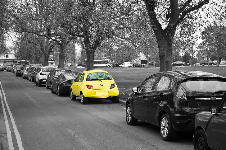 groc, cotxe, color, propietat, aparcament, Dom, passeig