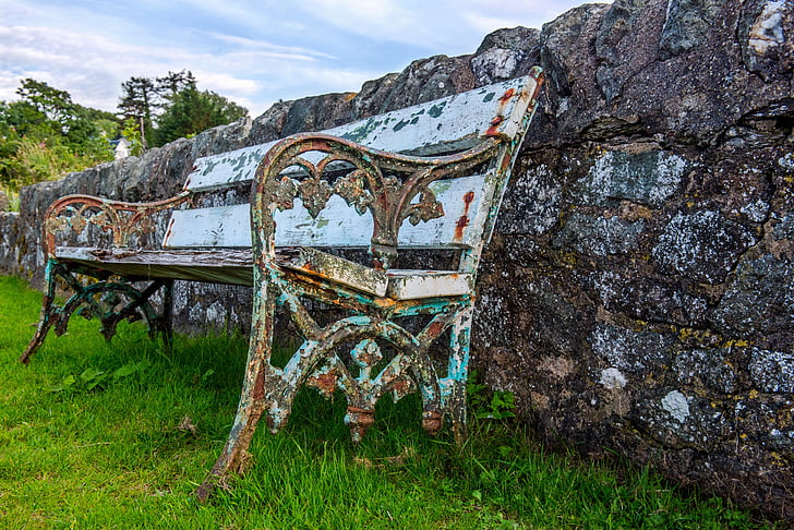 park bench, old, grass, rusty, white, stand still, sit