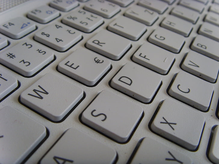 tastatur, knappen, hvid, bogstaver