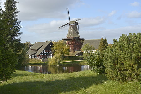 idyll, village, wind, mill, nature, pond, water