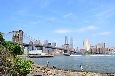 мост, град, Ню Йорк Сити, Бруклинския мост, Ню Йорк, САЩ, Манхатън