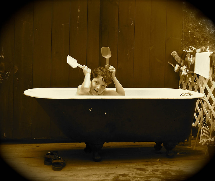 boy, tub, antique, sepia, shoes, silly, bathing