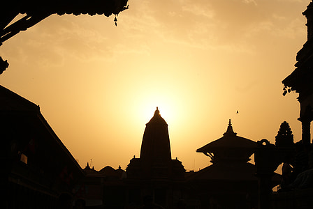 Nepalas, Katmandu, vakare, šventykla, Saulėlydis