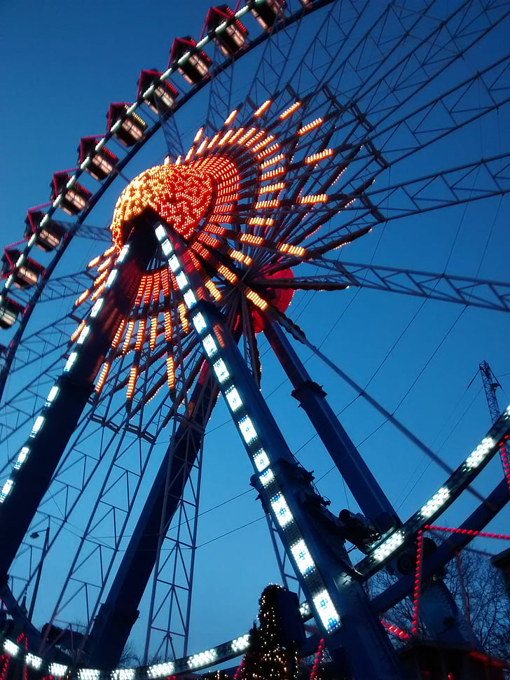 chợ Giáng sinh, buổi tối, ánh sáng, Ferris wheel, công viên xe, công viên giải trí, vui vẻ