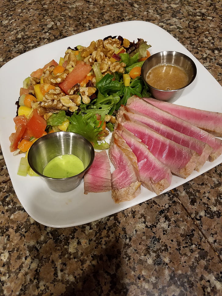 seared tuna, salad, wasabi dipping sauces, soy ginger dipping sauce