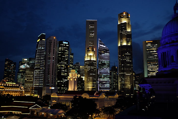 Singapūra, naktī, centrs, arhitektūra, pilsēta, siluets, uzņēmējdarbības