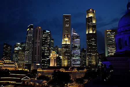 singapore, night, downtown, architecture, city, skyline, business
