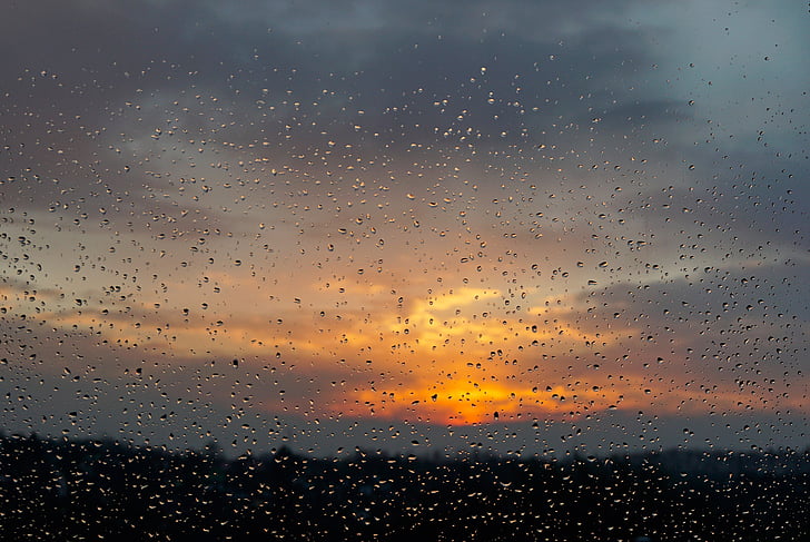 drops, rain, sunset, drops of water, pane, clouds, wet