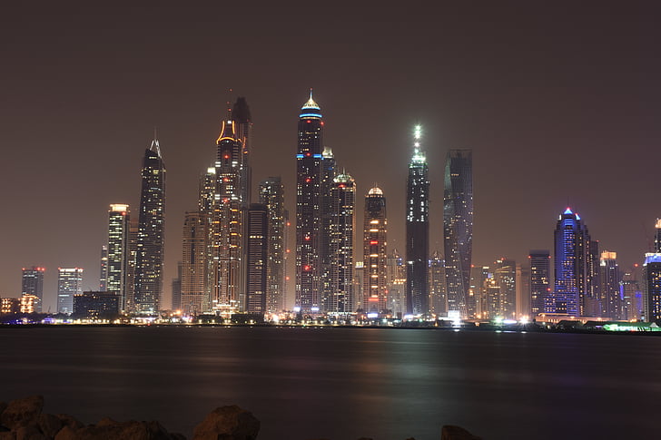 Dubaj, Luxusné, Architektúra, podnikanie, noc, Mestská Panoráma, Panoráma mesta