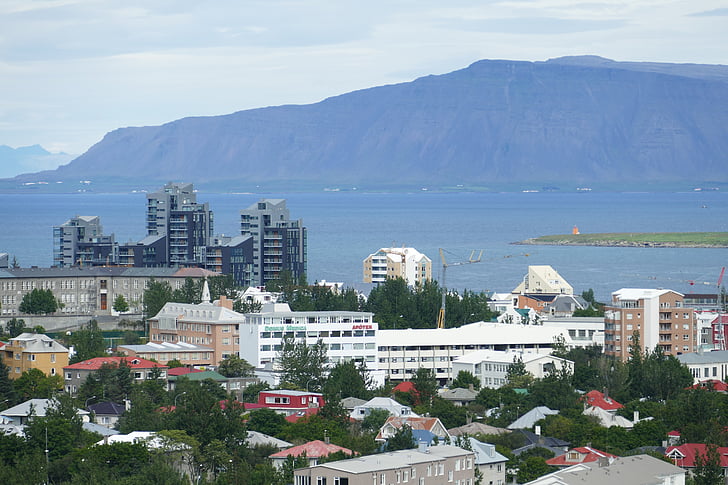 Reykjavik, Islandia, panorama, Iglesia, montañas, Atlántico, mar