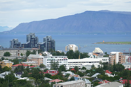 Reykjavík, Island, Panorama, kostol, hory, Atlantic, more