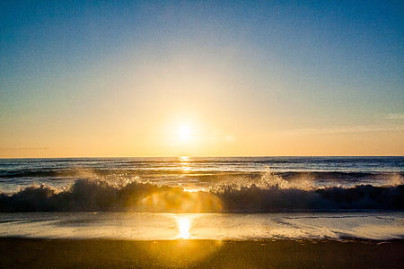Słońce, ustawienie, horyzont, zachód słońca, promienie słońca, Plaża, piasek
