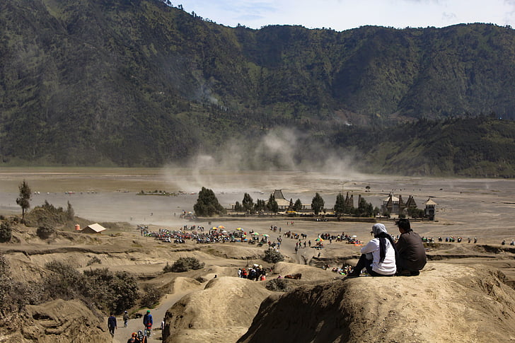 bromo, people, horse, desert, scenery, crater, volcano
