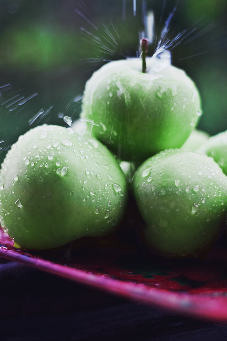 closeup, nuotrauka, polių, žalia, obuoliai, plokštelė, maisto