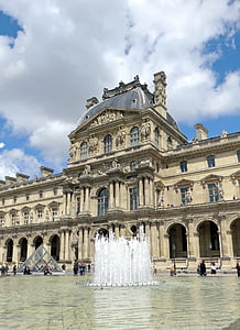 Pariz, louvre, Paviljon, vode plana, ogledalo, mlaz vode, kipovi