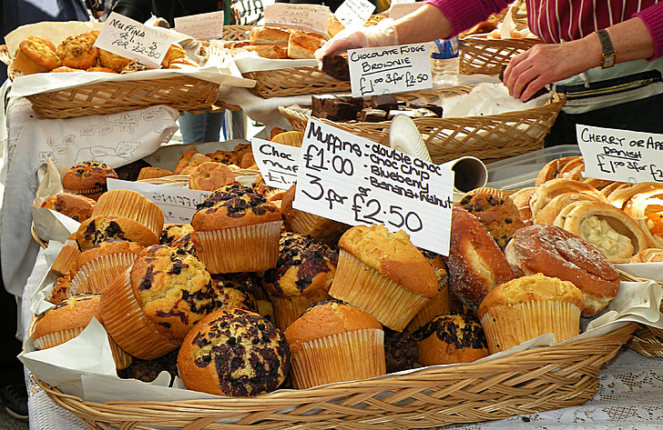 Muffin, cupcakes, piac, kenyér, pékség, Baker, élelmiszer