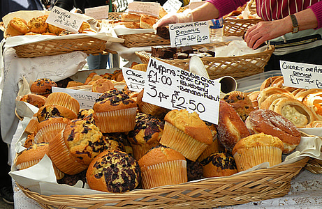 Muffin, cupcakes, piac, kenyér, pékség, Baker, élelmiszer