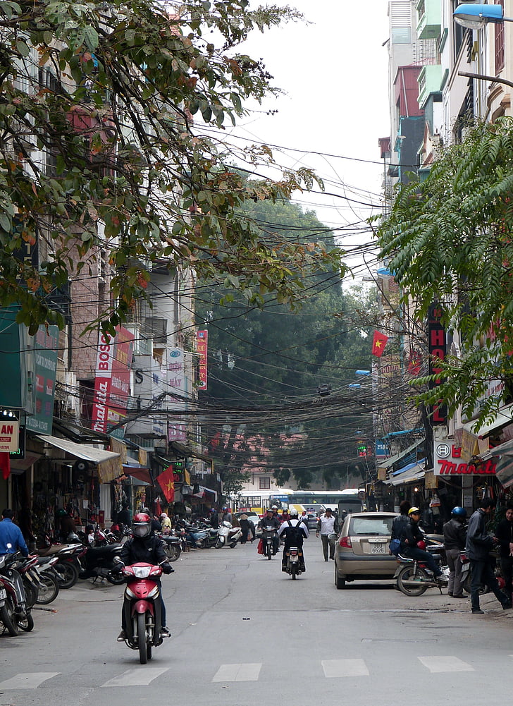 Hanoi, carretera, ciclomotor, ciudad, líneas de energía, Vietnam, Asia