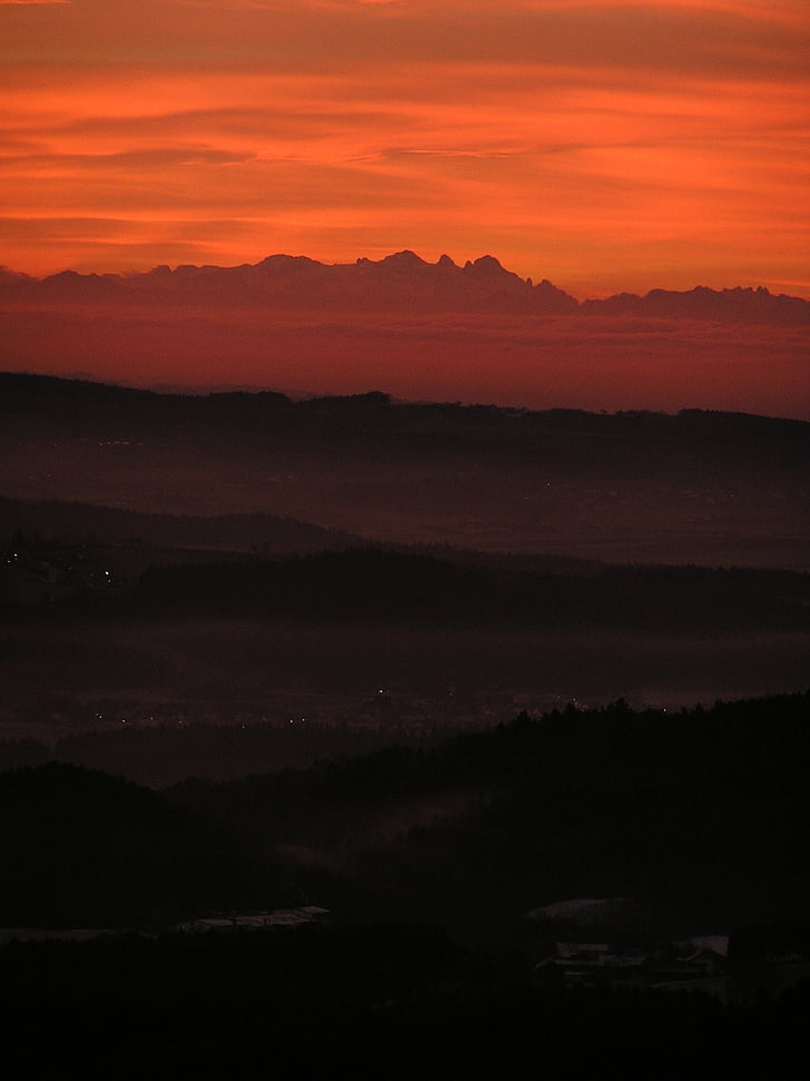 silhouette, mountain, sunset, landscape, Sunrise, Bayer, Forest