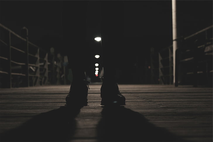 silhouette, person, bridge, nighttime, shoes, dark, shadows