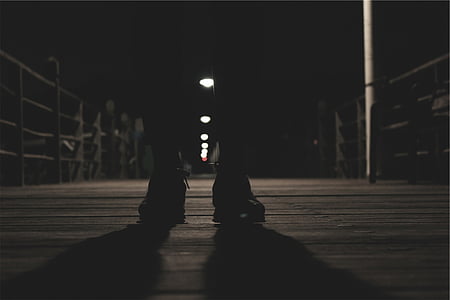 silhouette, person, bridge, nighttime, shoes, dark, shadows