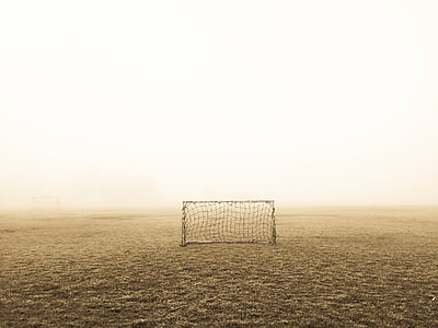 øde, felt, tåge, fodbold, mål, græs, tåge