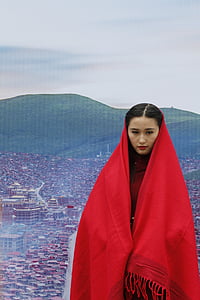 Sichuan, röd, turism, Asia, skönhet, kvinna, modell