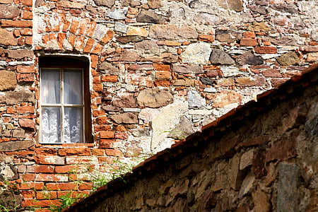 casa velha, janela, antiga muralha, tijolos, velho, edifício