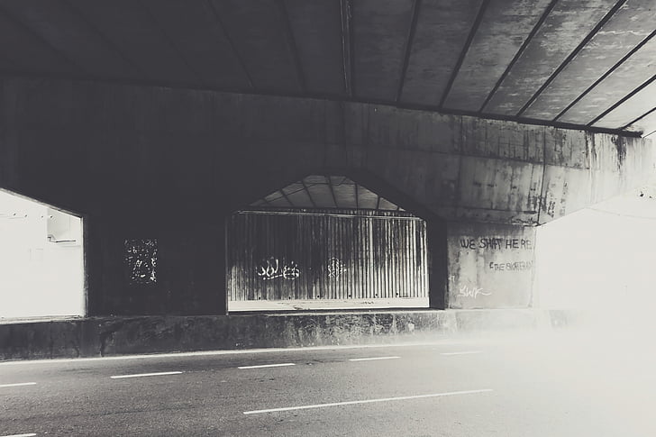 black, white, photography, house, overpass, road, pavement