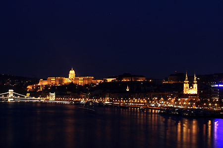 布达城堡, 多瑙河, 布达佩斯, 匈牙利, 建筑, 晚上, 灯