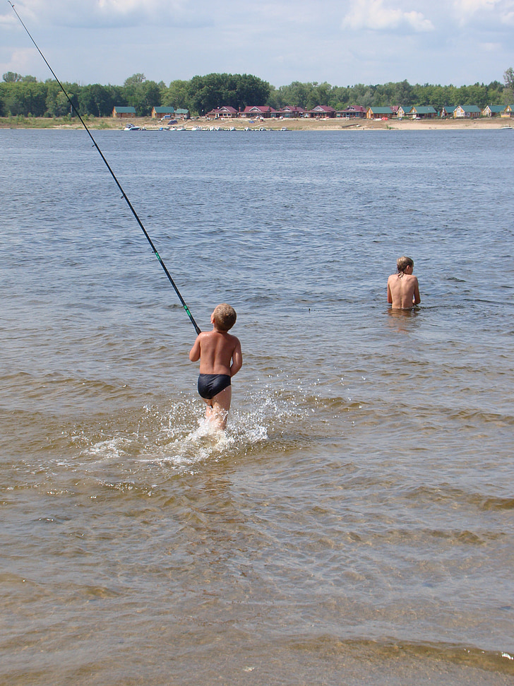 folyó, Volga, gyerekek, fürödni, rúd, spray, hullám