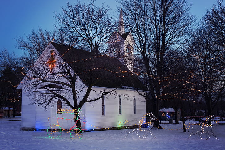 christmas church, church at night, holiday church, xmas town, christmas lights, landscape