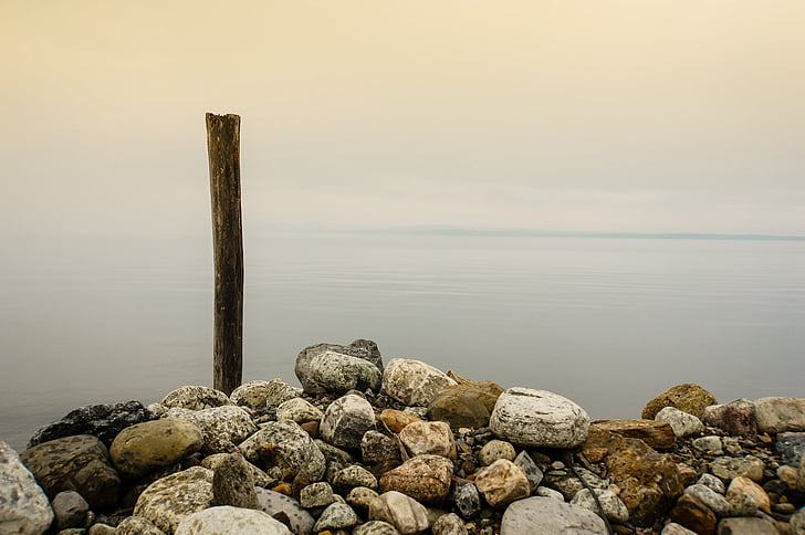 pole, shore, coast, stones, marker, location, calm