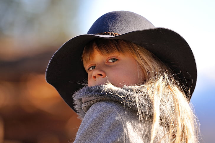 child, girl, blond, face, hat, view, crafty