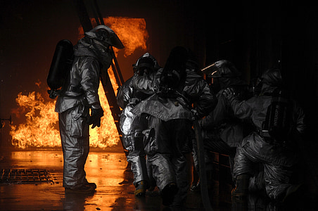 gasilci, ogenj, portret, usposabljanje, monitor, vroče, toplote