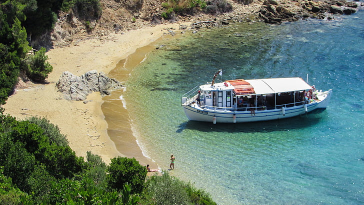 Grécia, Skiathos, Praia de Diamanti, praia, barco, Ilha, Turismo