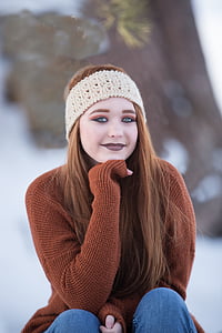beautiful, redhead, winter, snow, girl, hair, woman