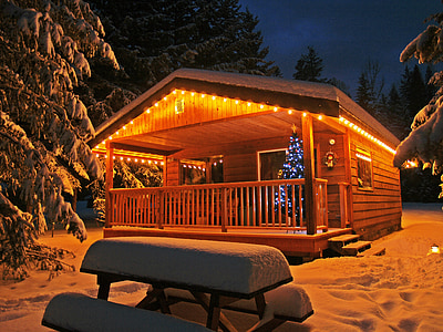enlighted, illuminato, cabina, costruzione, inverno, neve, freddo