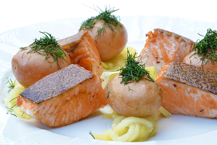 salmon, food, pumpkin, gourmet, meal, dinner, plate