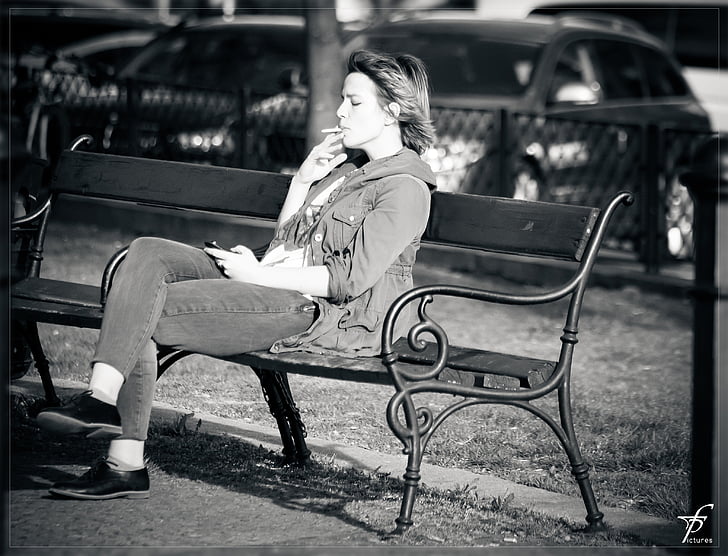 woman, smoking, cigarette, sitting, resting, bank, street life