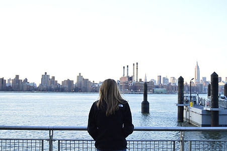 Skyline, NY, fiume, cielo, paesaggio urbano