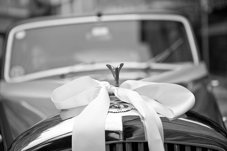 in bianco e nero, regalo, presente, nastro, rolls-royce, auto d'epoca