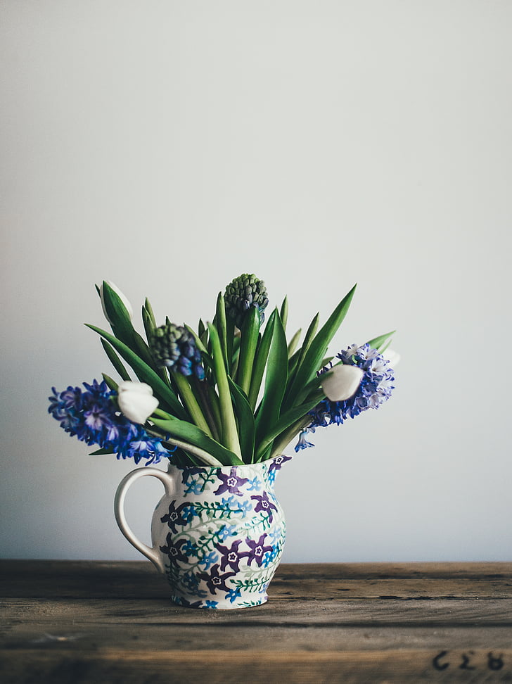 bílá, fialová, šedá, květinové, keramika, džbán, modrá