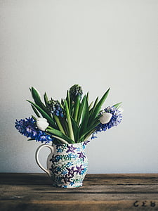 white, purple, gray, floral, ceramic, pitcher, blue